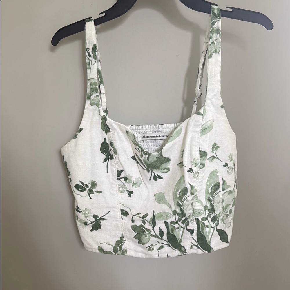 Abercrombie & Fitch White and Green Fitted Crop Tank Top